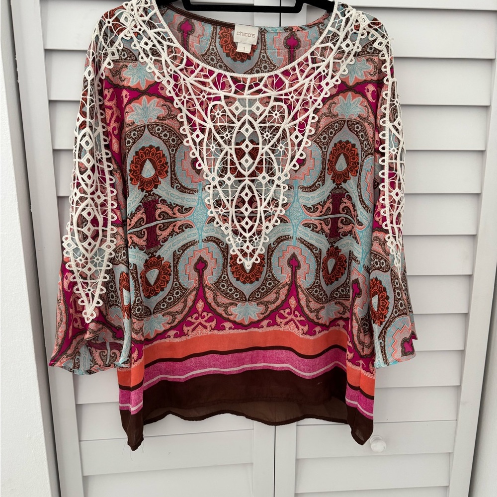 Chico's Multicolor Paisley Crochet Blouse